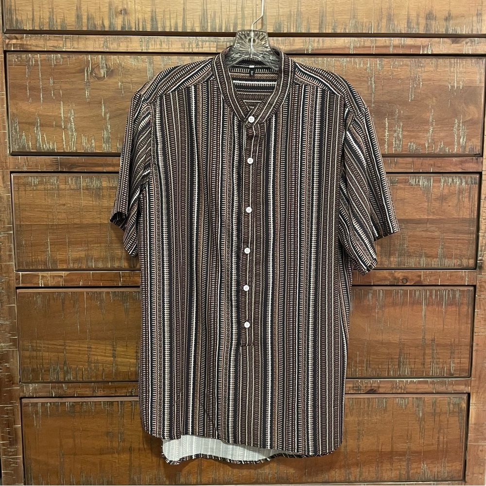 Zaful Men's Black, Brown, and White Striped Button Down Shirt